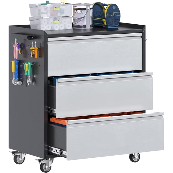 Metal Rolling Tool Storage Cabinet with Drawers, Side Pegboards, Left Handle, Lockable Casters, Garage Workshop Utility Cart, 18.11 D x 30.3 W x 35.4 H Inches,Assembly Required