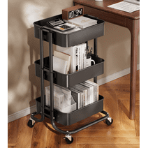 3 Tier Mesh Utility Cart Rolling Metal Organization Cart with Handle and Lockable Wheels for Kitchen Living Room Office