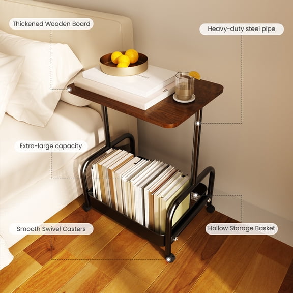 Metal Rolling Utility Cart with Walnut Table Top, 2-Tier Storage Organizer Cart with Lockable Wheels