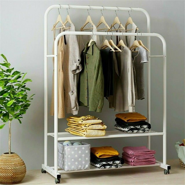 Metal Rolling Wheeled Clothes Rack Hanger Shelf Laundry Room Balcony