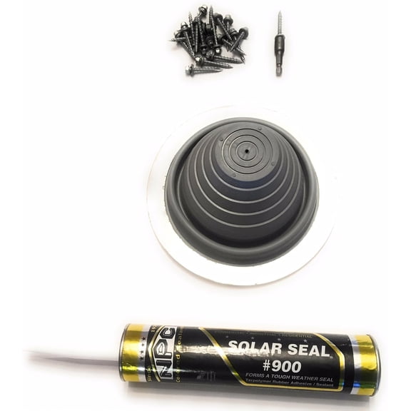 Metal Roof Pipe Boot Flashing Kit- Includes #3 Grey Pipe Boot, Tube of Solar Seal Sealant, (20) 1.5" Metal Roof Screws, and a 1/4 Nut Driver.