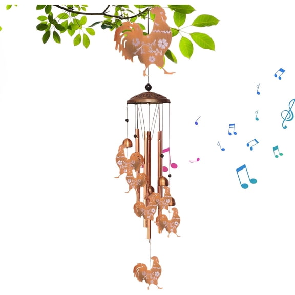 Metal Rooster Chicken Wind Chime, Vintage Farmhouse Yard Decor with Deep Tone Bell, Rust-Proof Hanging Ornament for Garden, Patio & Porch (K)