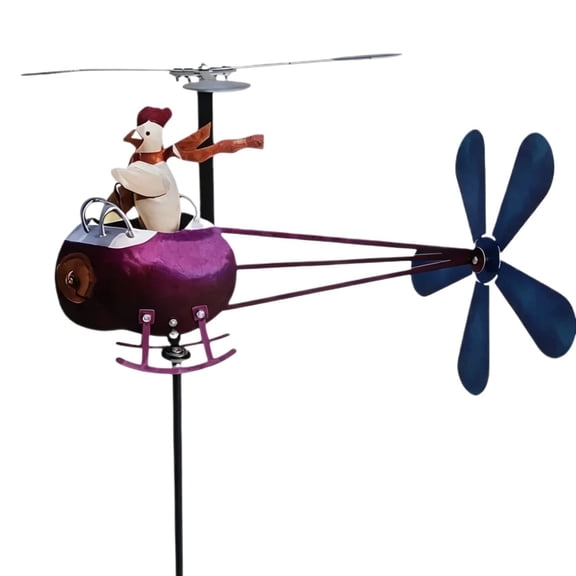 Metal Rooster Driving Helicopter Wind Spinner Weather Vane Ground Stake Outdoor Garden Yard Lawn Decor Windmill Ornament Backyard Patio Landscape Decoration