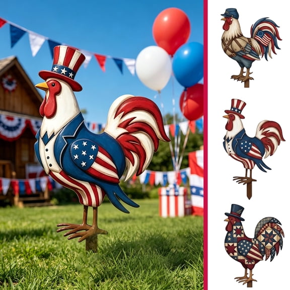 Metal Rooster Festive Statue, Patriotic Outdoor Yard Ornament, Handcrafted Porch Decoration, Durable Landscape Art for Courtyard, Patio and Exterior Garden Layout