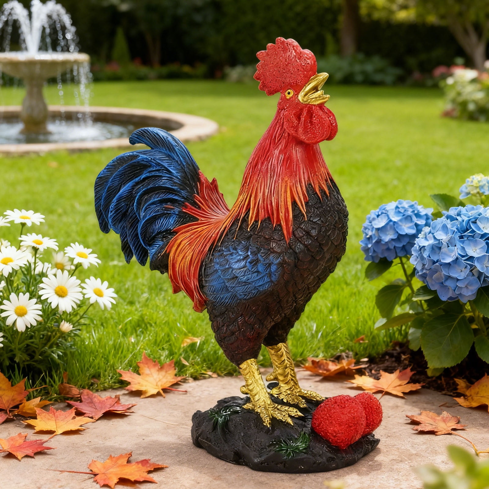Metal Rooster Garden Statue, Hand-Painted Colorful Outdoor Yard Art, Powder Coated Iron Rooster Sculpture for Patio HOrmhouse Decor