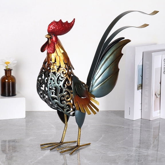 Metal Rooster Statue Hollow Out Iron Rooster Sculpture Farmhouse Tabletop Decor Handcrafted Metal Animal Figurine For Living Room Shelf Kitchen Counter Home Decoration Gift