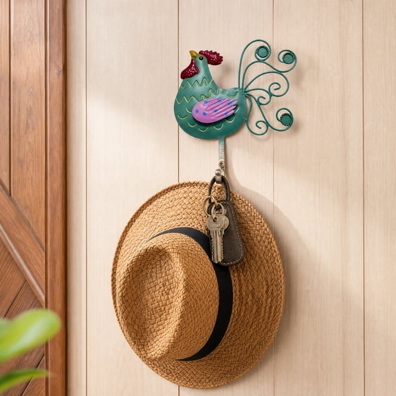 Metal Rooster Wall Hook – Vintage Hand Painted Chicken Shape Key Holder for Entryway Kitchen, Farmhouse Wall Art Decorative Hanger