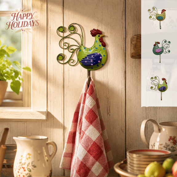 Metal Rooster Wall Hook, Vintage Handcrafted Wall Mount Key Hanging Hook for Entryway Kitchen, Xmas Wall Decor, Christmas Holiday Decoration for Coat Hanger, Utensil Storage & Indoor Home
