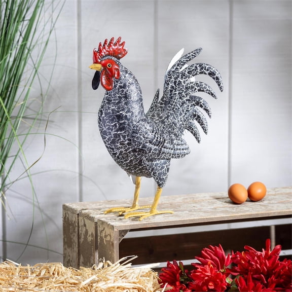 Hillside Pasture Garden Statue, Metal Rooster With Dark Feathers, 14"H