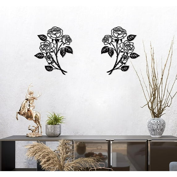Metal Rose Wall Decor, Flower Wall Art Decoration Rose Horticulture Hanging Ornament, 11.8×9.4inch Black Sculpture Floral Wall Decor for Living Room Bathroom Bedroom Kitchen Garden