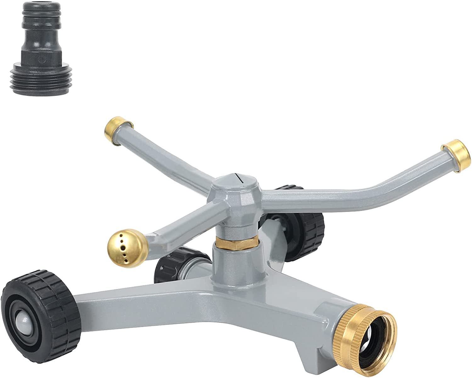 Metal Rotating Water Sprinkler for Lawn, Heavy Duty 3-Arms Whirling 360 Degree Automatic Rotary with Wheeled Base Small Areas, Garden, Yard, Cover up to 1,384 Sq. ft.