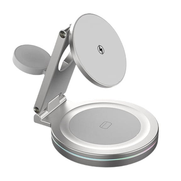 Metal Rotating Wireless Charging Stand for Phone Smartwatch Devices 3 in 1 Function Auto Dimming Lights Compact Foldable