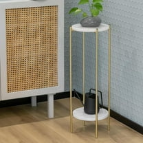Metal Round 2 Tier Small Gold Side End Table with Real Natural Marble Top Plant Stands Modern Lightweiht Bedside Coffee Table for Living Room Bedroom Small Space White