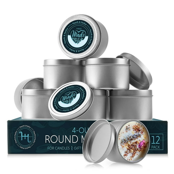 Metal Round Candle Tins with Lids 4 oz, Candle Containers for Candle Making with Custom Sticker for Lids - 12 Pack
