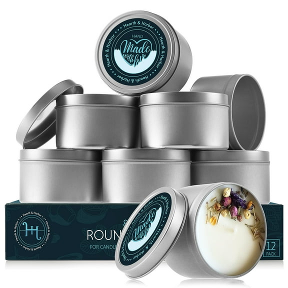 Metal Round Candle Tins with Lids 8 oz, Candle Containers for Candle Making with Custom Sticker for Lids - 12 Pack
