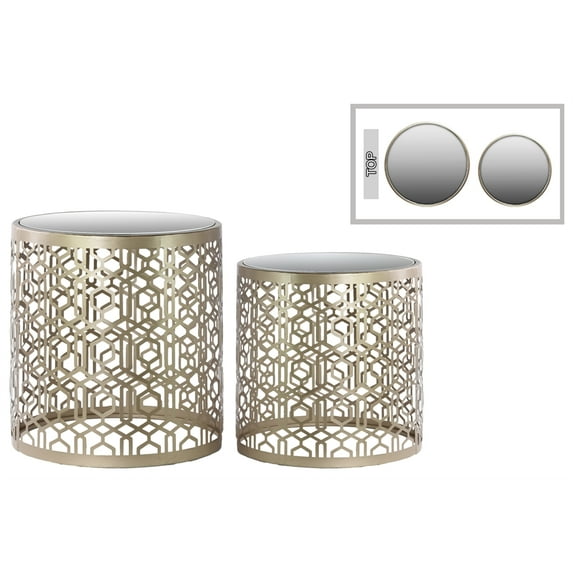 Metal Round Nesting Accent Table with Mirror Top, Polygonal Design and Round Base Set of Two Metallic Finish Champagne