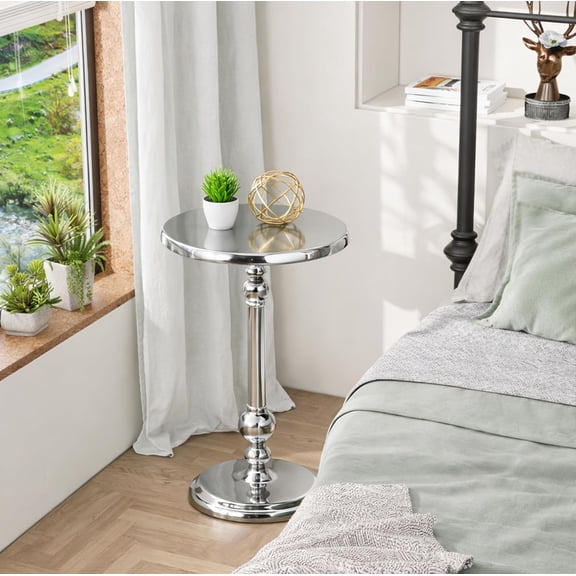 Metal Round Side Table Accent End Table Farmhouse, Indoor Outdoor Nightstand for Living Room, Bedroom, Corners, Office Pedestal Modern Design, Easy Assembly 21" (Silver)