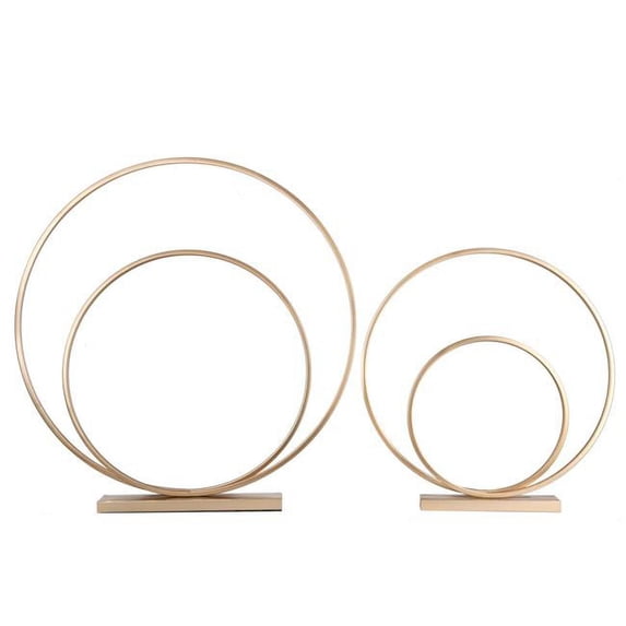 Metal Round Spiral Ring Abstract Sculpture in Rectangular Base - Gold, Set of 2
