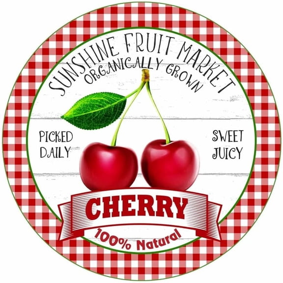 Metal Round Tin Sign Cherry Fruit Market Retro Wall Decor Farmhouse Cafe Artwork 8" x 8" Square