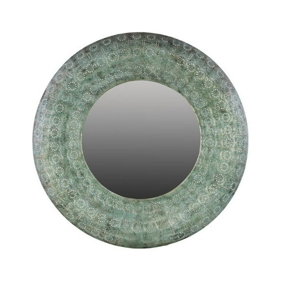 Metal Round Wall Mirror Pierced Metal Verdigris Finish
