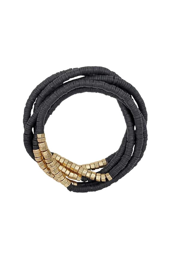 Metal Rubber Disc Bead Stretch Multi Bracelet 5 Pc Set Taupe