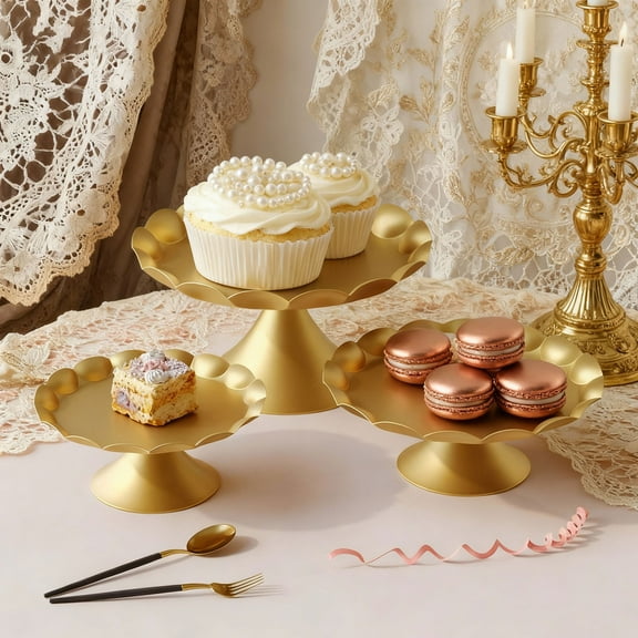 Metal Ruffled Party and Event Cake Stand, Gold (3 Count)