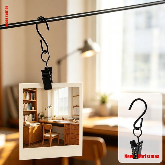 Metal S Hook with Clip,Multifunctional Hanging Clip Hook,Swivel Clamp Hook,Utility Hanger for Christmas Holiday Photo Curtain String Light Wreath Pendants Home Indoor Decoration