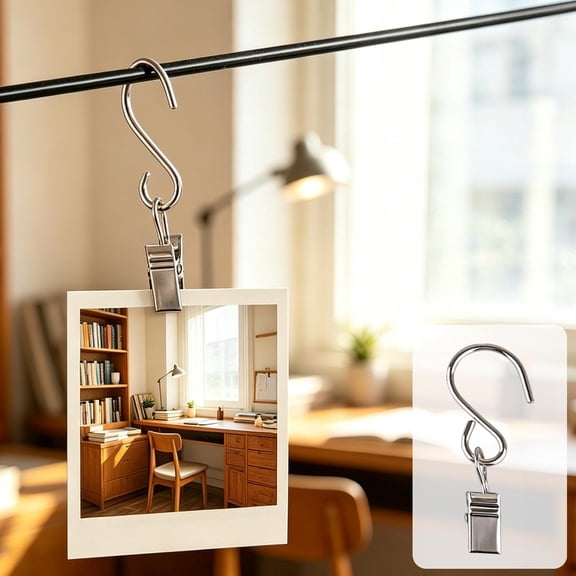 Metal S Hook Clips 2.4 Inch - 20 Pack Stainless Steel Spring Clamps with Hooks for Hanging Photos, String Lights, Curtains, Christmas Decorations, Indoor Outdoor Use, Multipurpose Hanging Clips