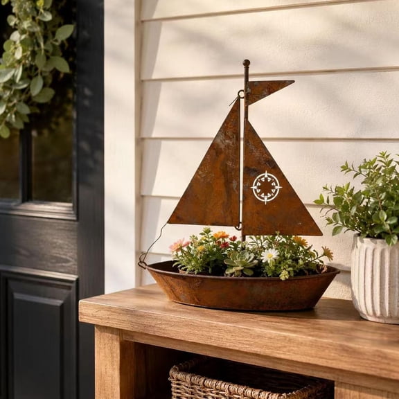 Metal Sailboat Planter, Rustic Nautical Boat Shaped Planter for Garden Decor
