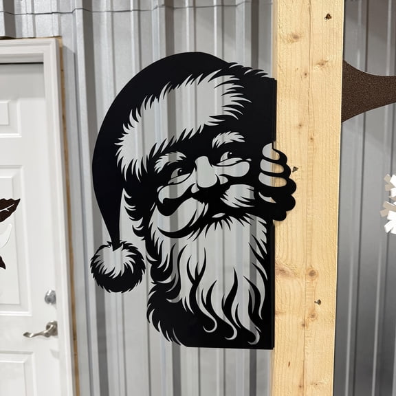 Metal Santa Head Wall Hanging - Large Black Outdoor/Christmas Sign with Beard and Hat Garden Decoration Install on Doors, Fences, Wall Mounting Classic Santa Face Gift