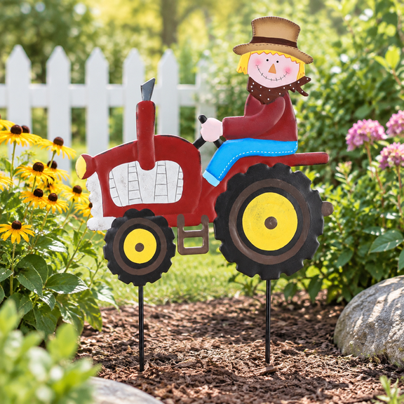 Metal Scarecrow Tractor Decorative Garden Stakes Fall Outdoor Yard Decor
