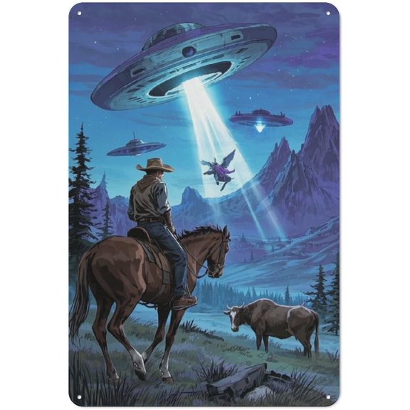 Metal Sci-Fi Cowboy Frontier Wall Sign, Vintage Tin Decor for Living Room or Garden, 12 x 8 Inches
