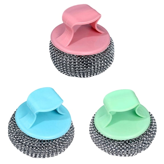 Metal Scrubber, Wool Scrubber, Kitchen Sponge, 3Pcs Detachable Washable Metal Wire Sponge Pads with Handle Reusable Cleaning Tool for Dishes Pots Pans Non-Stick Cookware Washing,Blue*1+Green*1+Pink*1
