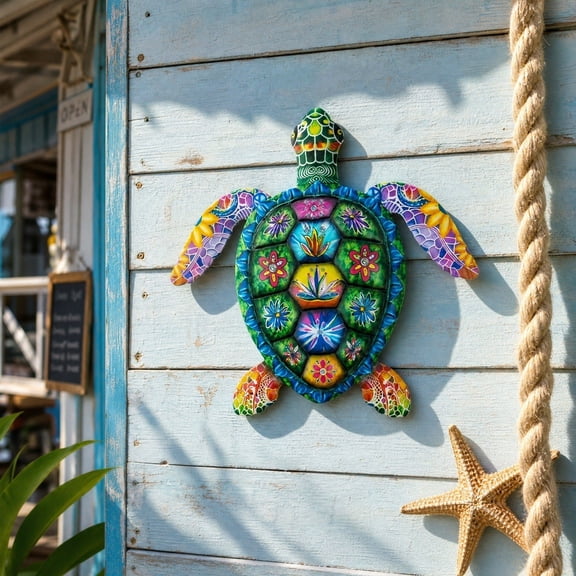 Metal Sea Turtle Wall Art, Colorful Floral Turtle Wall Decor, Coastal Nautical Outdoor Wall Hanging Sculpture for Patio, Garden, Fence, Pool, Bathroom, Living Room, Beach House Home Decorations