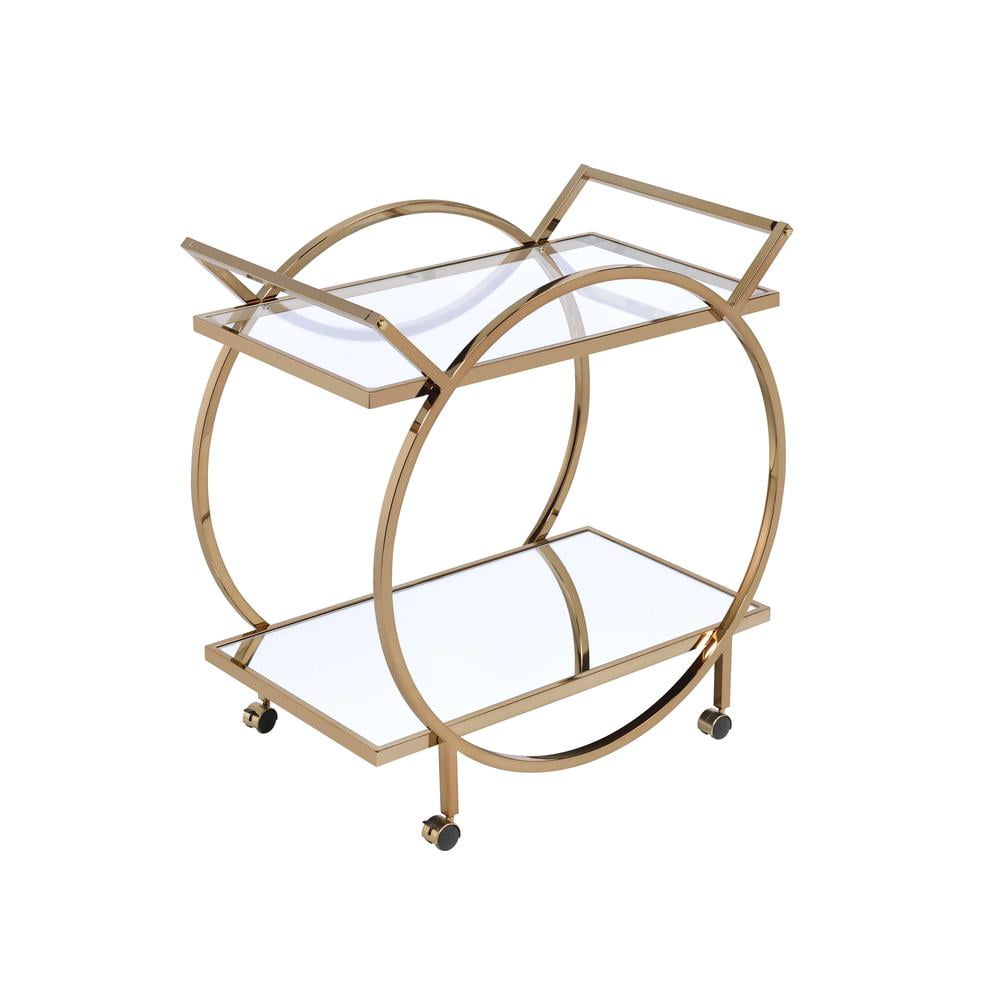 Champagne Gold Round Metal Serving Cart with Mirrored Shelf and Wine Rack