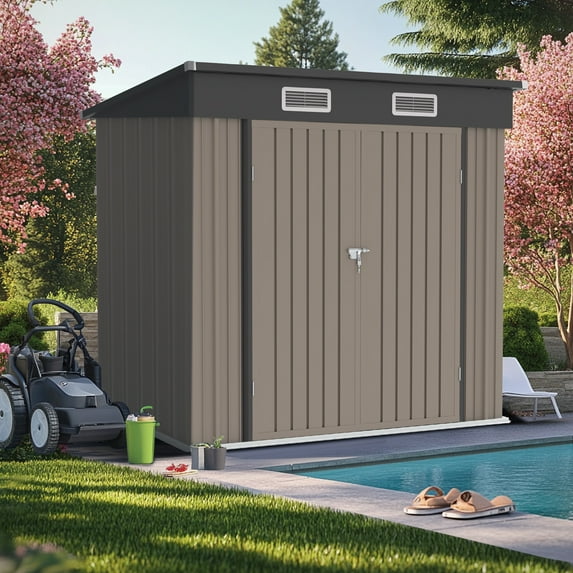 Metal Sheds and Outdoor Storage, All-Weather Garden Tool Shed with Floor Frame & Lockable Door, 6 x 4FT Outdoor Storage for Backyard Garden Patio, Coffee