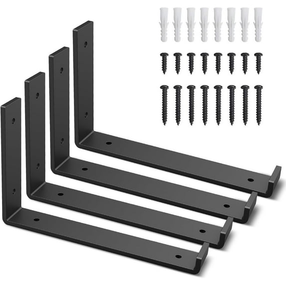 Xinhao Metal Shelf Brackets 4 Pack, Heavy Duty J Bracket with Lip, Industrial Rustic Wall Shelf Bracket,Black (9.25")