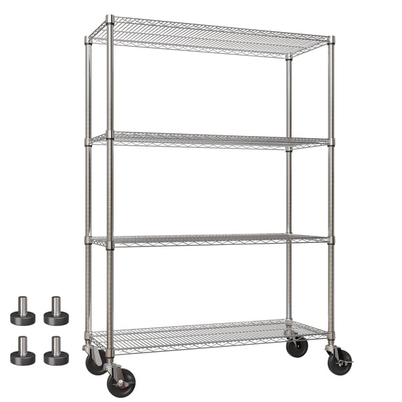 Metal Shelving with Wheels, 4-Tier/1800LBS, 71"H Storage Shelves | Adjustable Wire Shelving Rack, Chrome Plating, Heavy Duty, Rolling Racks for Kitchen Commercial, 47.2"Wx17.7"D, Easy to Clean