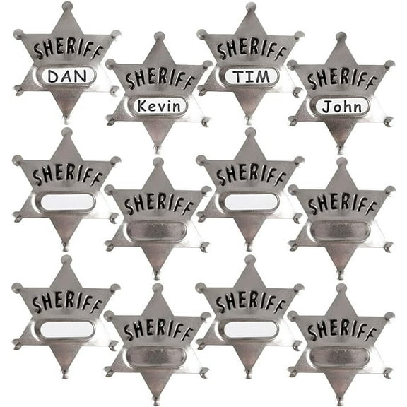 Metal Sheriff Badges - (Pack of 24) Silver Star Name Badges with Stickers for Personalized Names, Western Cowboy Dress Up Deputy's Badge Toys for Kids Birthday Party Favors, Giveaways & More
