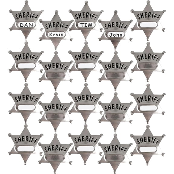 Metal Sheriff Badges - (Pack of 24) Silver Star Name Badges with Stickers for Personalized Names, Western Cowboy Dress Up Deputy's Badge Toys for Kids Birthday Party Favors, Giveaways & More
