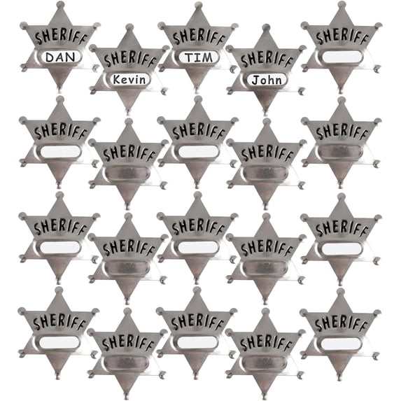 Metal Sheriff Badges - (Pack of 24) Silver Star Name Badges with Stickers for Personalized Names, Western Cowboy Dress Up Deputy's Badge Toys for Kids Birthday Party Favors, Giveaways & More