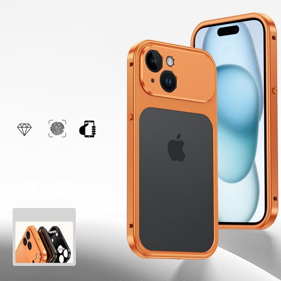 Metal Shockproof Bumper Frame for iPhone 15, Magnetic PC Protective Frame with Speaker Dust Cover, Snap Buckle Switch and Fine Hole Camera Protective Ring, Orange