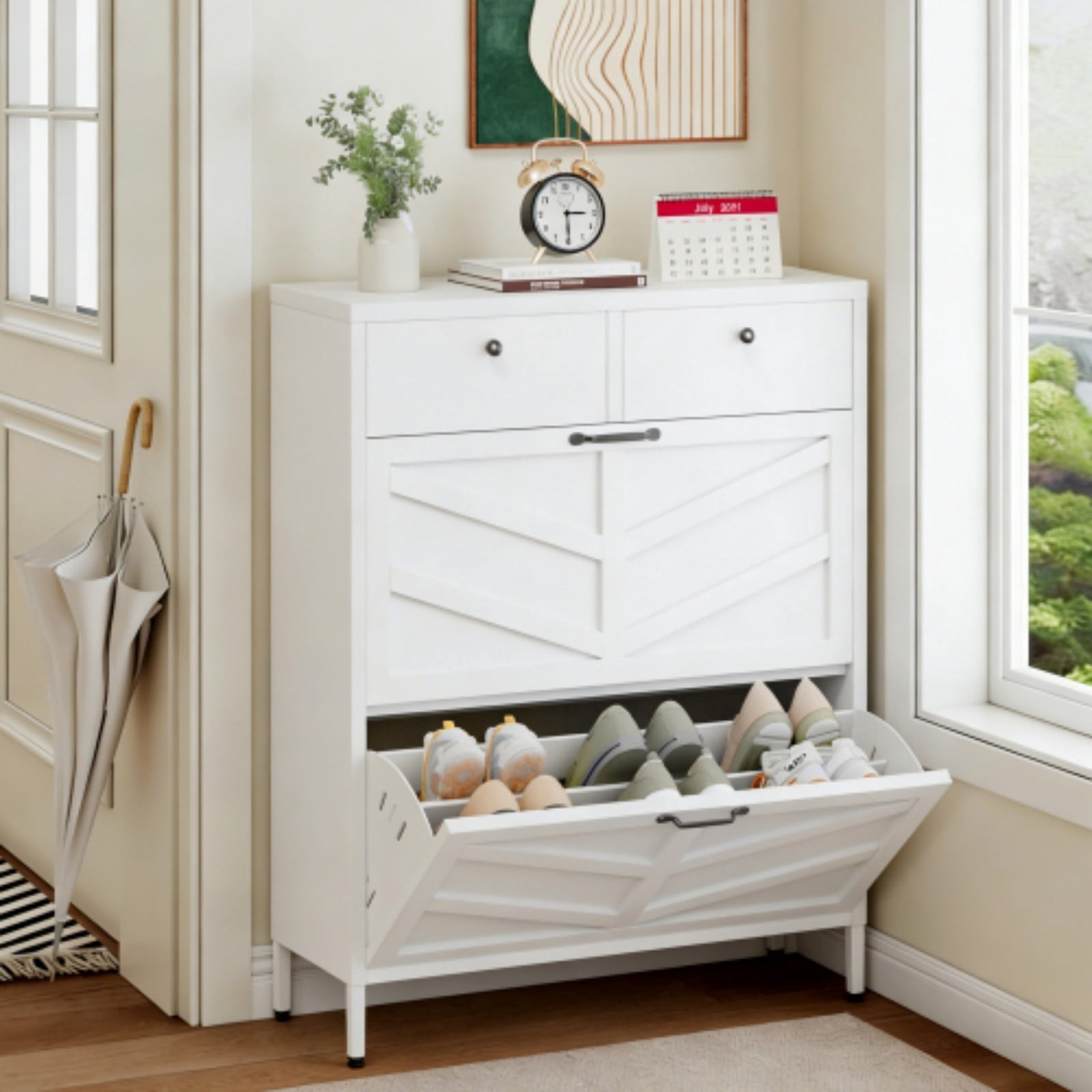 Metal Shoe Cabinet with 2 Flip Drawers & 2 Upper Drawers, Slim Entryway Storage Cabinet with Anti-Tip Device, Freestanding Hallway Shoe Organizer for Small Space, White