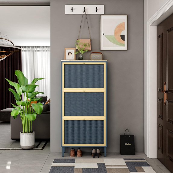 Metal Shoe Cabinet with 3 Flip Drawers, Modern 3-Tier Shoe Rack Storage Cabinet for Heels, Boots, Slippers, Free Standing Shoe Rack for Living Room Entrance Hallway (Blue-3 Door)