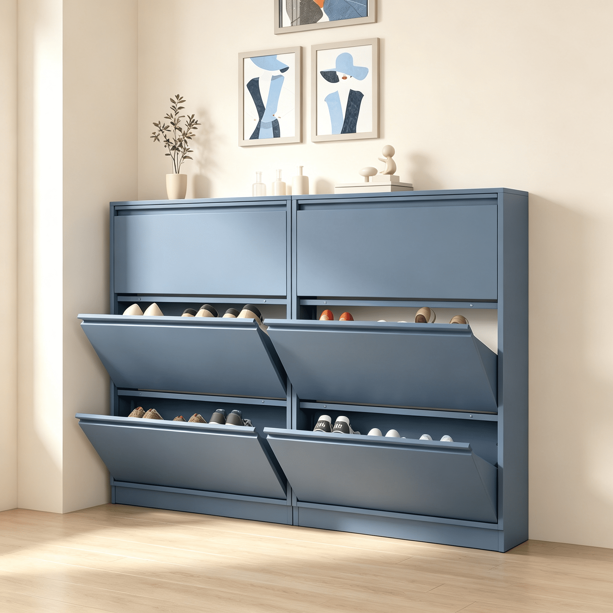Metal Shoe Cabinet with 3 Flip Drawers, Wall Mounted Shoe Organizer, Narrow Slim Hidden Shoe Rack for Entryway,Blue