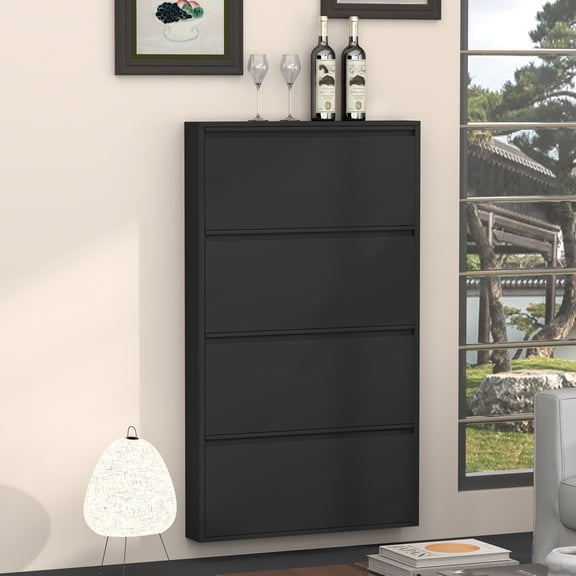 Metal Shoe Cabinet with 4 Flip Drawers, Slim Shoe Storage Cabinet, Wall Mounted Shoe Organizer Cabinet for Entryway, Narrow Hidden Shoe Rack