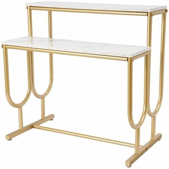 Metal Shoe Handbag Display Stand, 2 Tier Heavy Duty Display Table, Nesting Tables for Retail Display, Modern Standing Display Riser Shelf for Retail Stores, Carbon Steel & Solid Wood, Gold