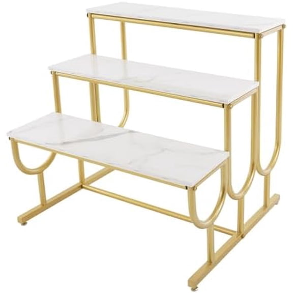 Metal Shoe Handbag Display Stand, 3 Tier Heavy Duty Display Riser Shelf, Modern Retail Display Table, Carbon Steel and Solid Wood, Gold$$Home Decor, Kitchen, & Other