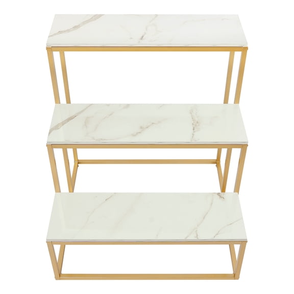 Metal Shoe Handbag Display Stand, 3-Tier Industrial Retail Display Tables Nesting Tables, Boutique Display Tables for Home Clothing Shop (Gold, White)