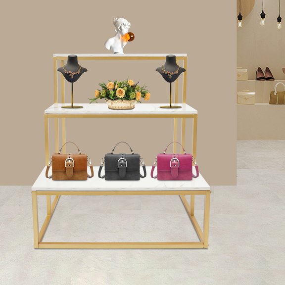 Metal Shoe Handbag Display Stand 3 Tier Standing Display Riser Boutique Nesting Tables with Gold Metal Frame and White Wood Tabletop Modern Retail Display Tables for Stores, 220lbs Capacity